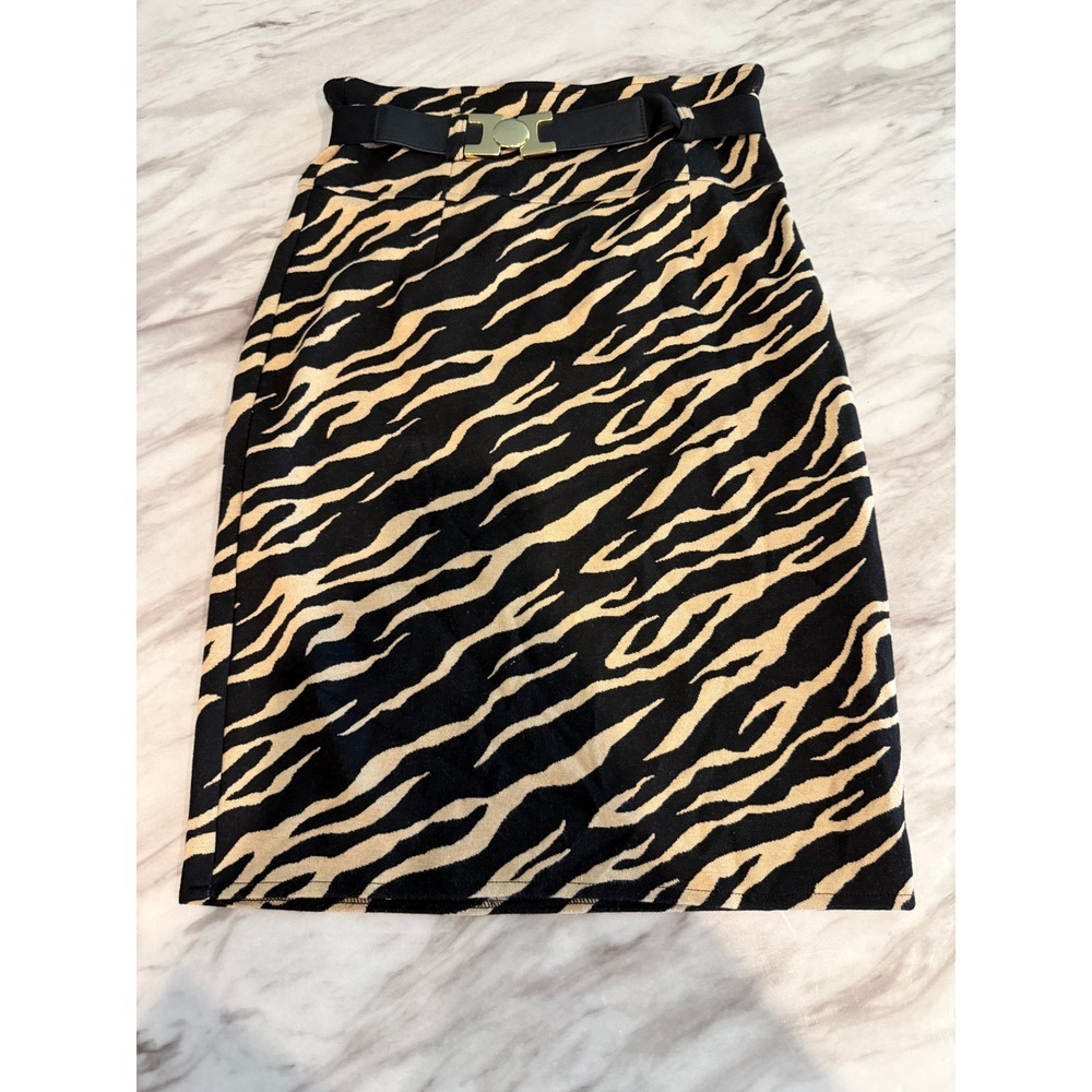Grace Zebra Print Belted Pencil Skirt Tan Black Animal Pattern Size 4 Stretch